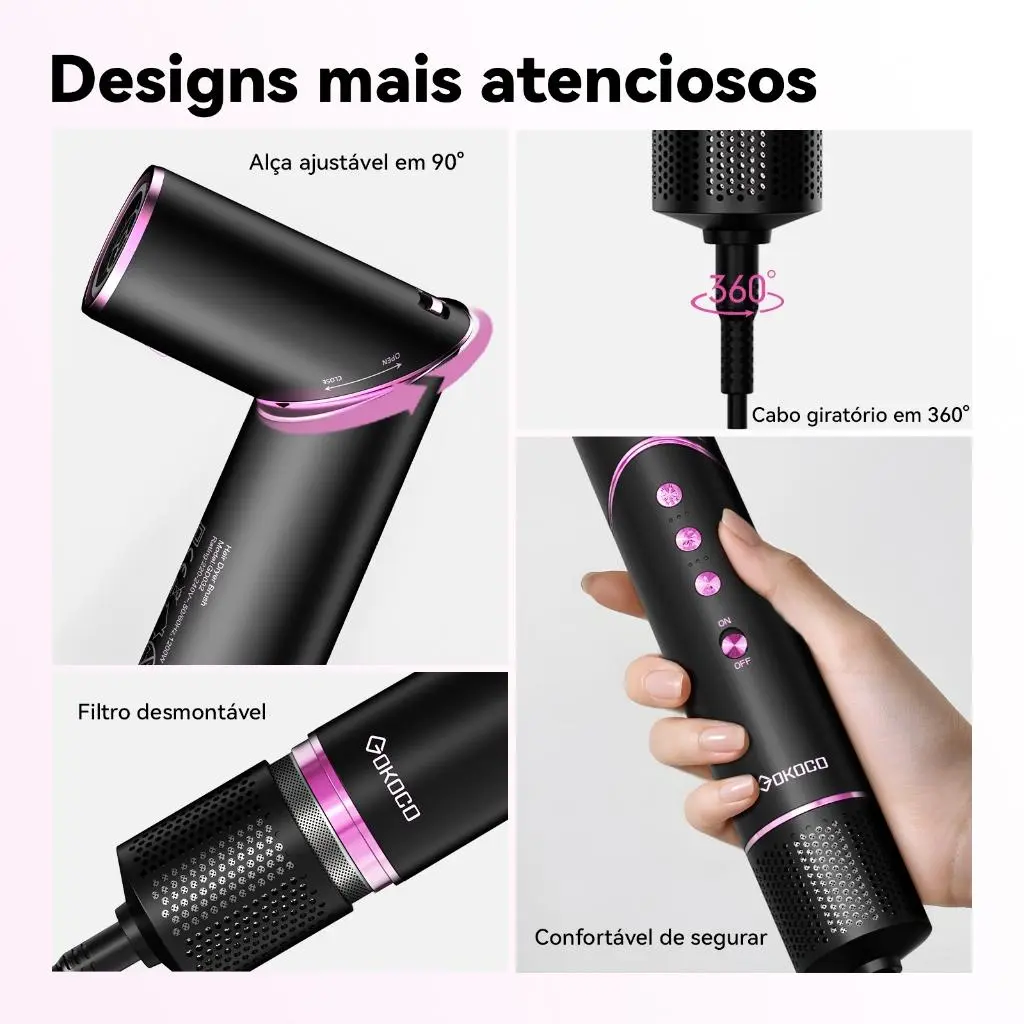 Detalhes de design do GOKOCO: alça ajustável, filtro desmontável, cabo giratório e pegada