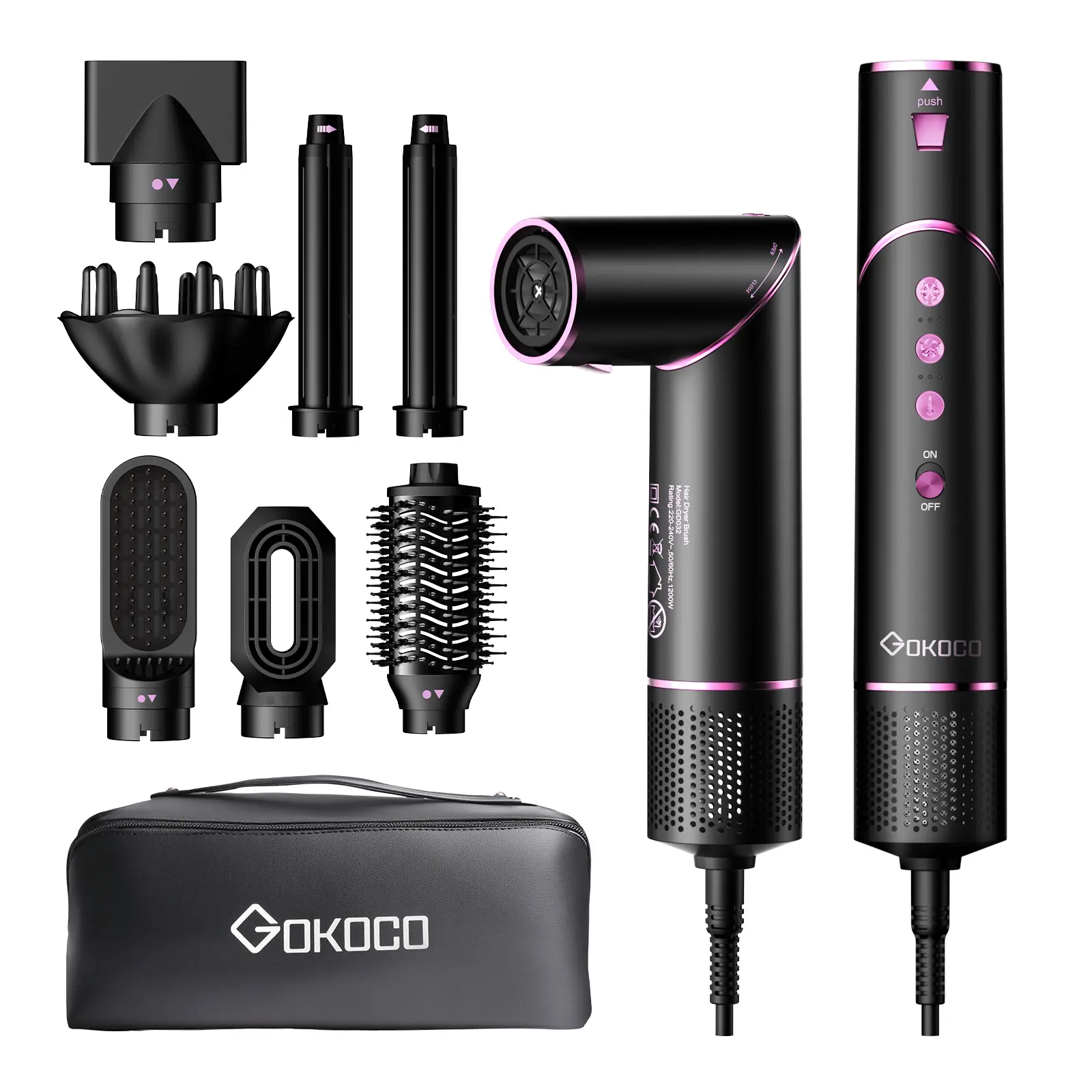Kit completo do secador GOKOCO 7-em-1 com todos os acessórios e bolsa de transporte